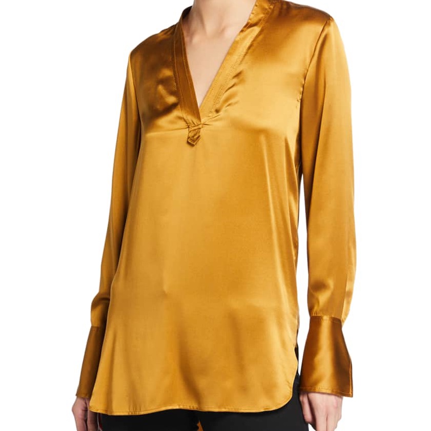 Ellie Tahari Blaze V-Neck Gold Silk Satin Top, S